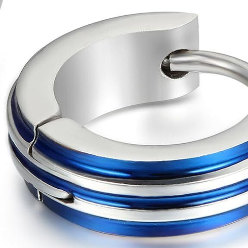 316L Surgical Steel Striped Blue/Black Men Women Hypoallergenic Hoop Earrings